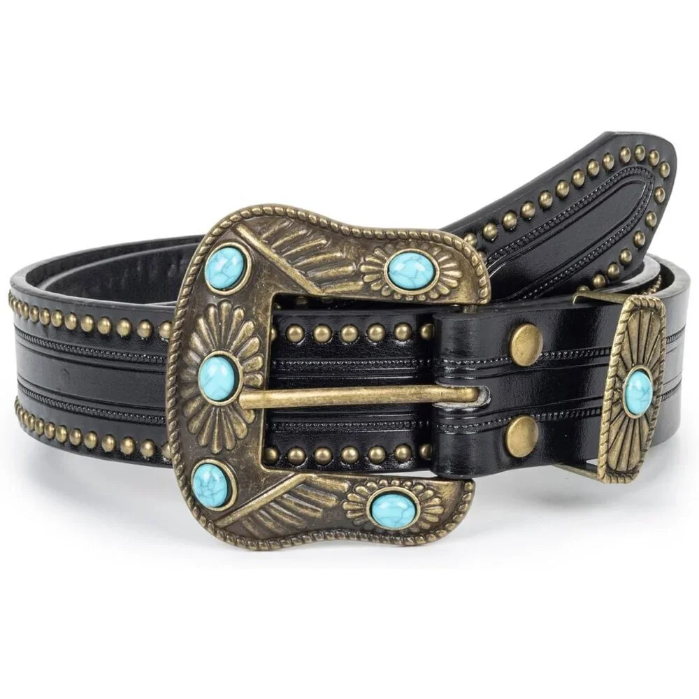 Women's Black Adjustable Vintage Western Belts Engraved Buckle Cowgirl Belt